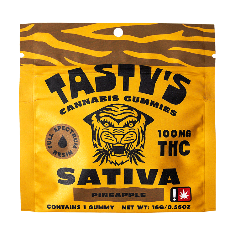 Yellow Tasty's sativa cannabis gummies package with tiger illustration and 100mg THC pineapple flavor.