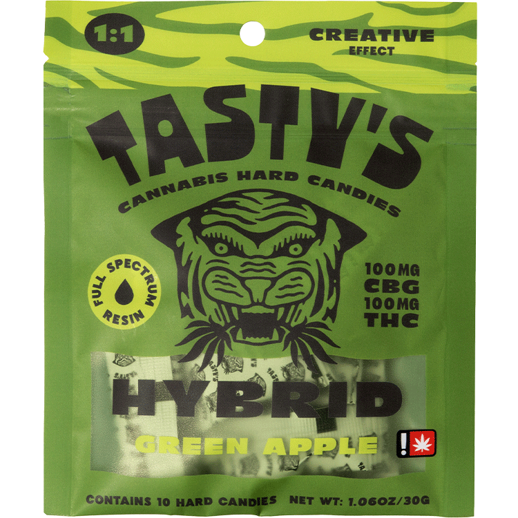Green bag of Tasty's cannabis hard candies, hybrid green apple flavor, 100 mg CBG and THC.