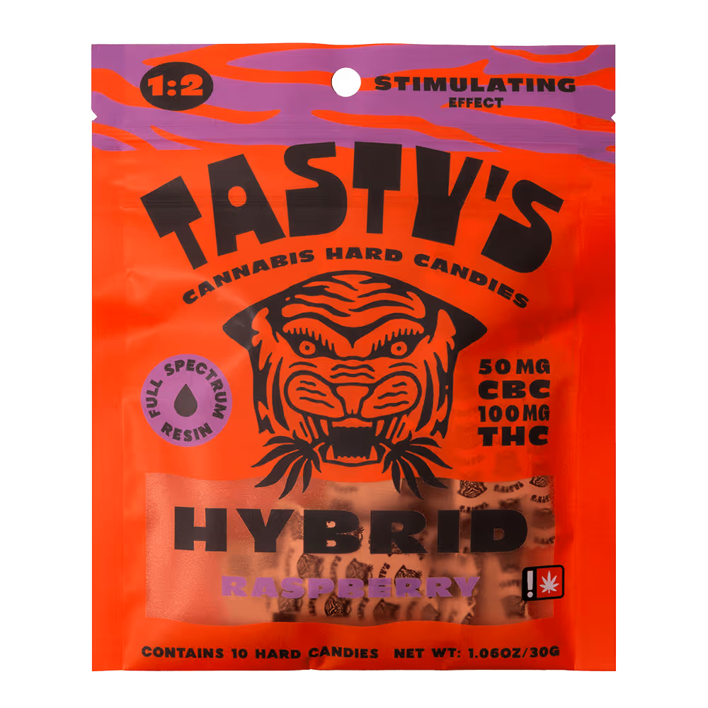 Red and purple TASTY'S cannabis hard candies bag with tiger logo and raspberry hybrid flavor.