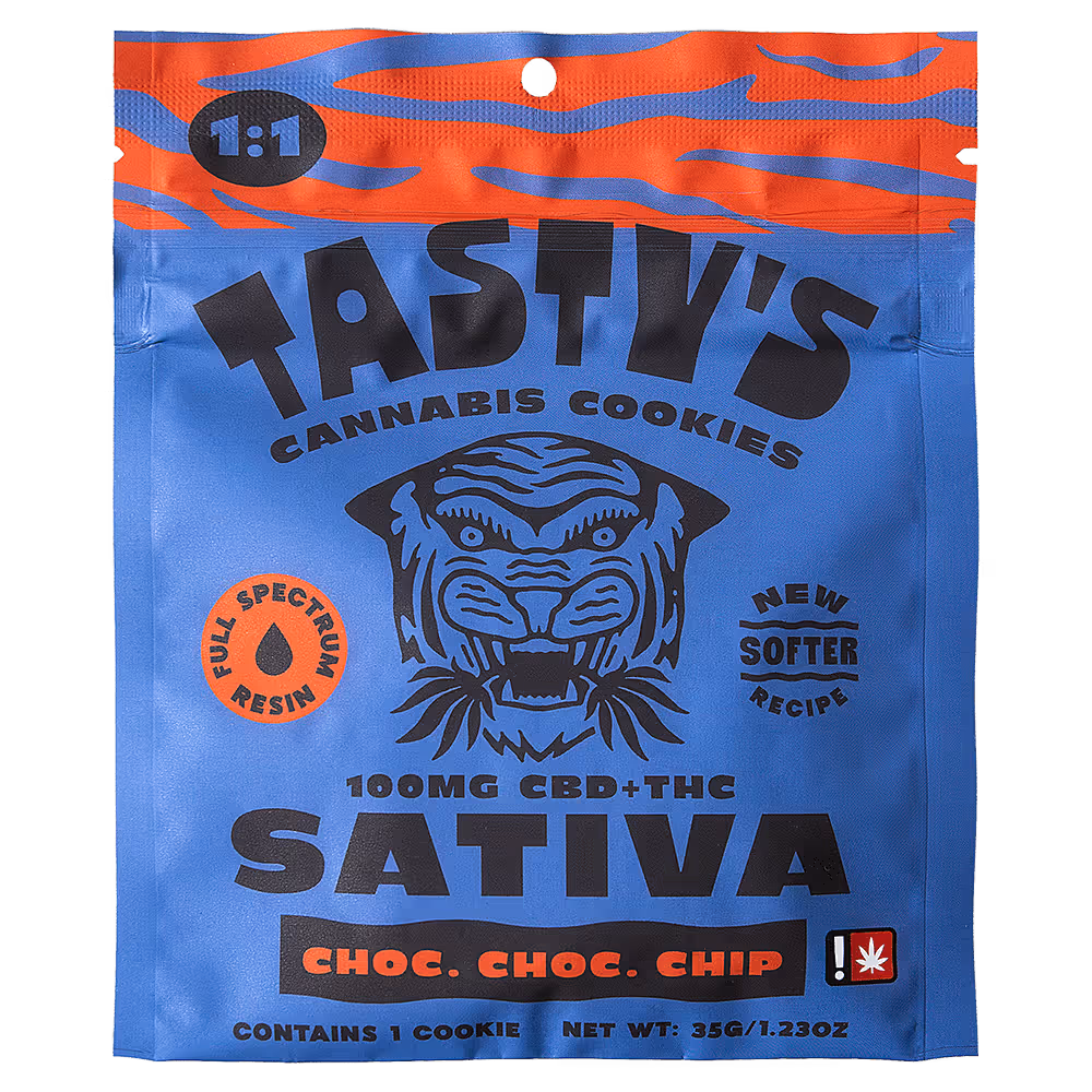 Blue and orange package of Tasty's cannabis cookies, sativa, chocolate chip, 100mg CBD+THC.