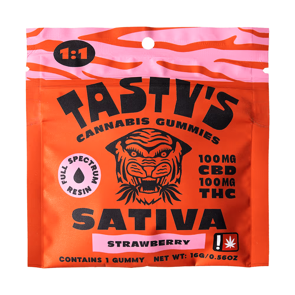 Tasty's Sativa cannabis gummies strawberry flavor with 100mg CBD and 100mg THC full spectrum resin.