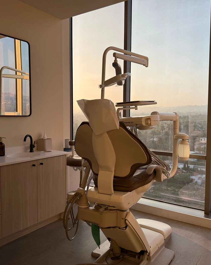 Dr Monempour's sunlit modern dental office with large windows overlooking Los Angeles.