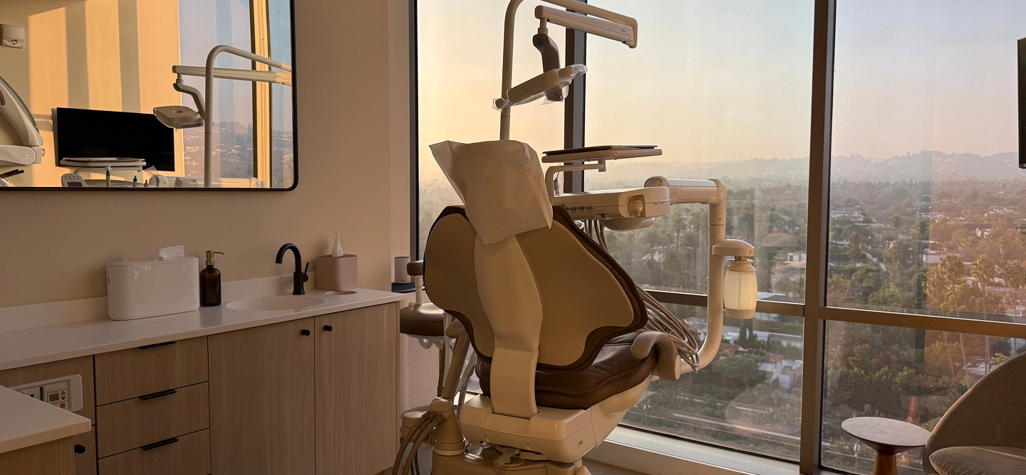Dr Monempour's sunlit modern dental office with large windows overlooking Los Angeles.