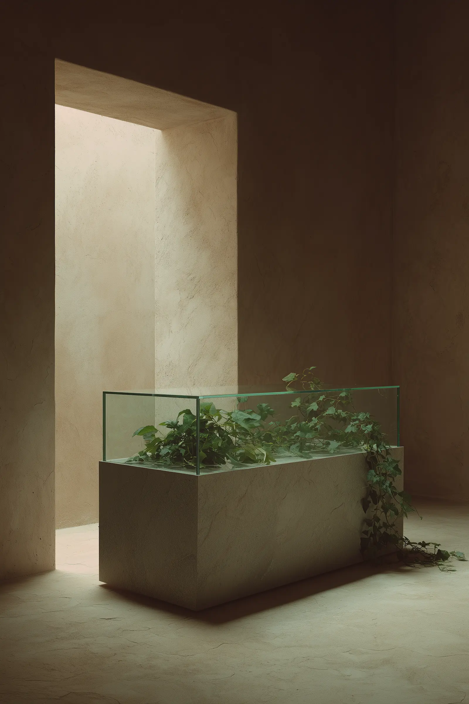 Minimalist indoor planter with green ivy vines inside a glass enclosure, illuminated by natural light from a large open doorway.