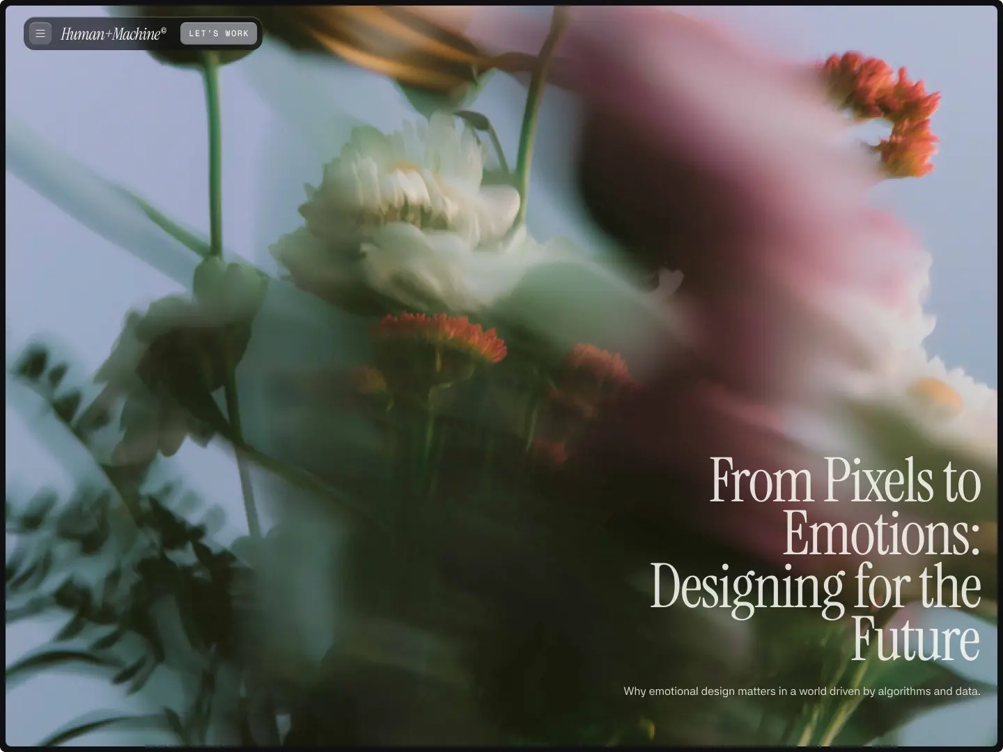 Blurry close-up of flowers with text 'From Pixels to Emotions: Designing for the Future' and a tagline about emotional design.