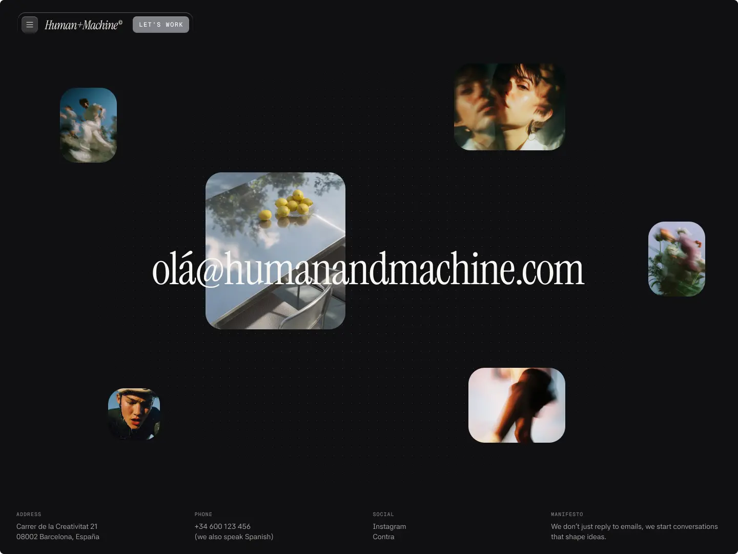 Black webpage background with Human+Machine logo, contact email olá@humanandmachine.com, and blurred photos of people, nature, and objects.