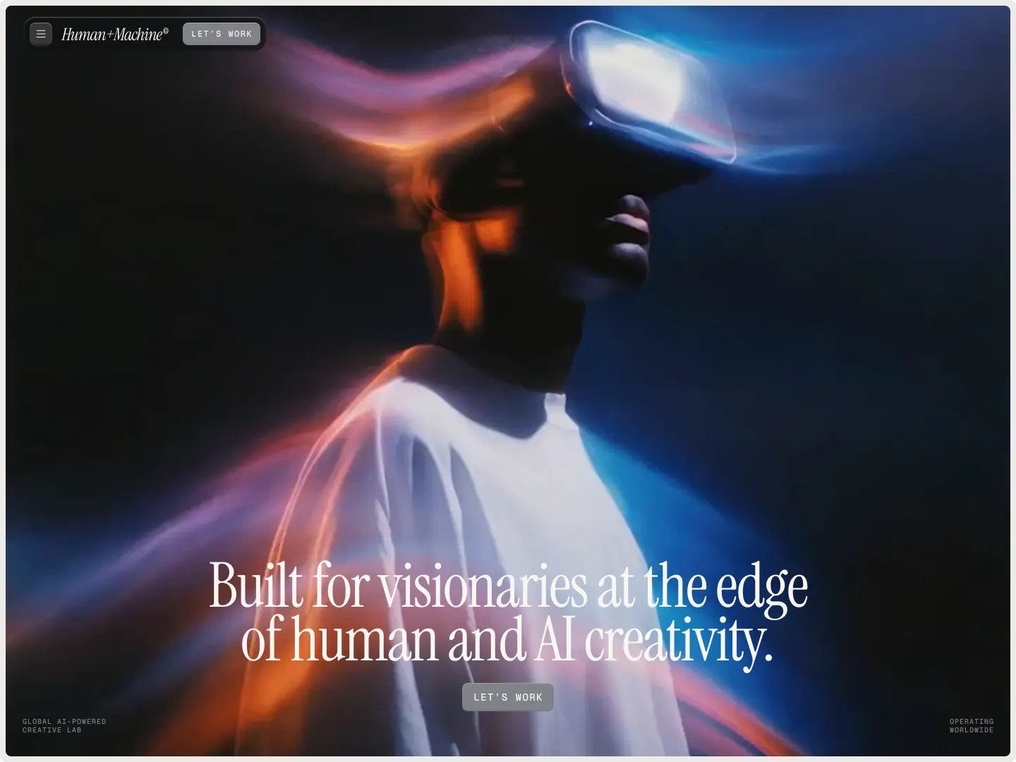 Person wearing a virtual reality headset with glowing light effects, symbolising the fusion of human and AI creativity.