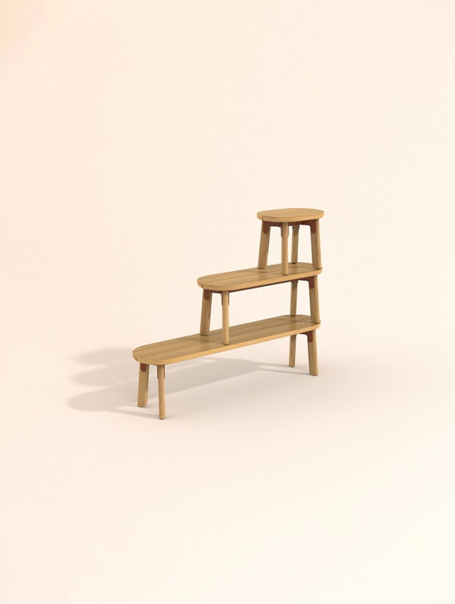 OA Brand image. Three-tier wooden shelf with rounded edges and cylindrical legs on a cream background.