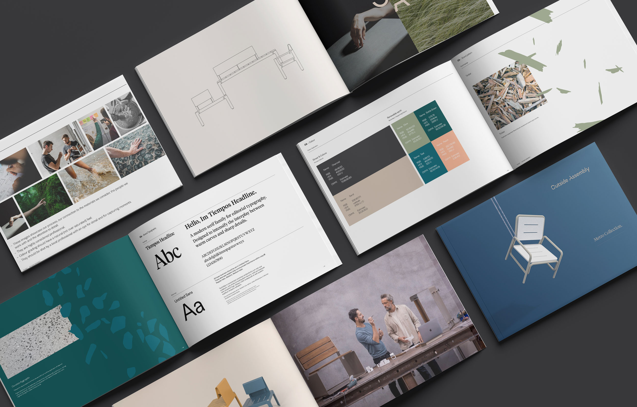 OA Brand image. Open brand guidelines book spread with typography, colour palettes, material textures, and photos of people working and furniture designs.