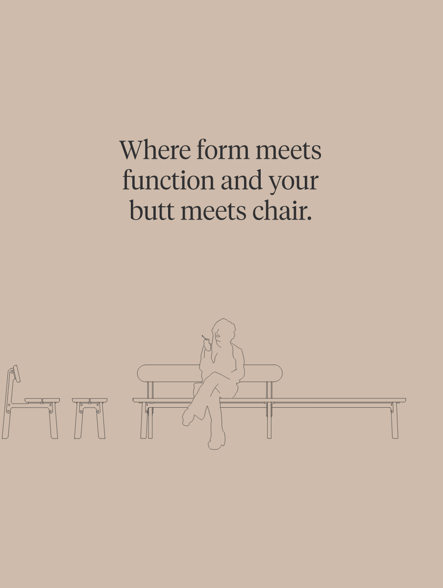 OA Brand image. Line drawing of various chairs and a person sitting on a bench with the text 'Where form meets function and your butt meets chair.'