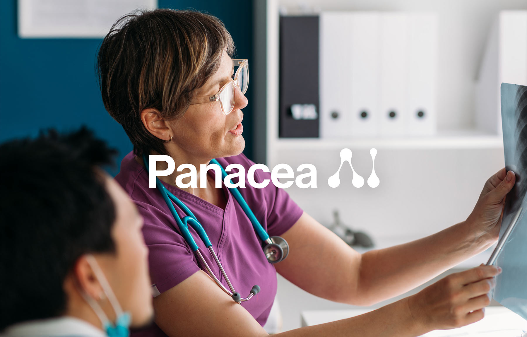 Panacea Ai Brand image. A Medical professional with glasses and stethoscope showing an X-ray to a patient in a clinical setting.