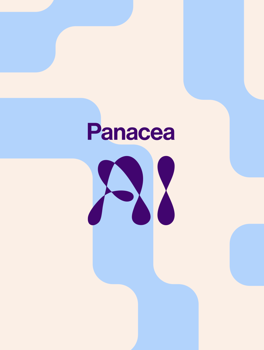 Panacea Ai Brand image. Abstract background with blue curved shapes and text reading 'Panacea AI' in purple.