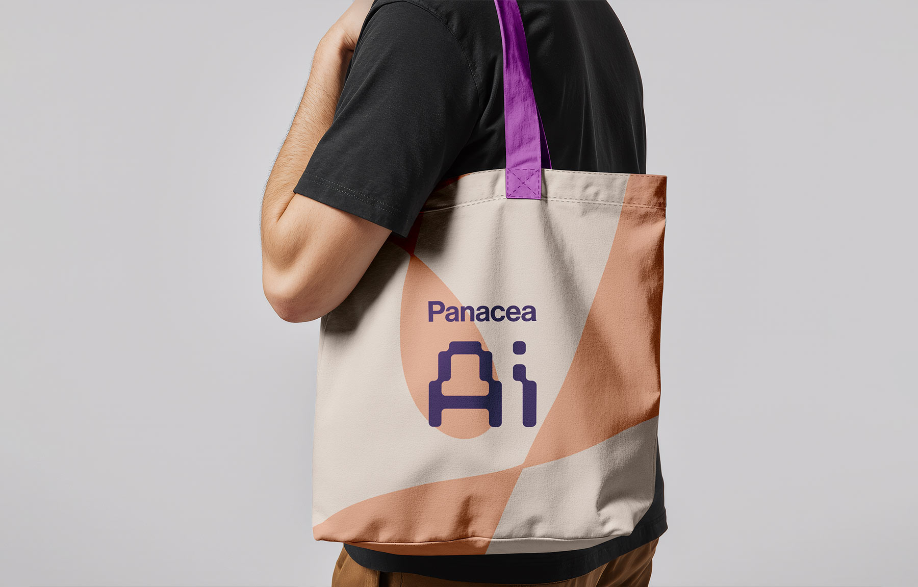 Panacea Ai Brand image. A Person wearing a black shirt carrying a beige and orange tote bag with purple straps and Panacea Ai logo.