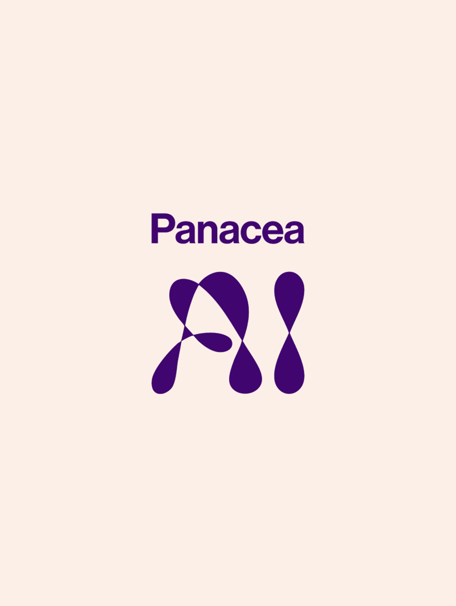 Panacea Ai Brand image. A Purple Panacea AI logo with stylized letters on a light beige background.