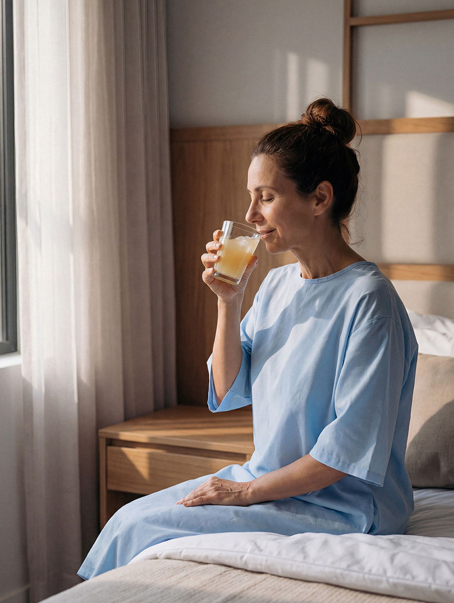 SN3 Surgical Nutrition Brand image.Woman in light blue dress sitting on bed near window, sipping an iced drink from a glass.