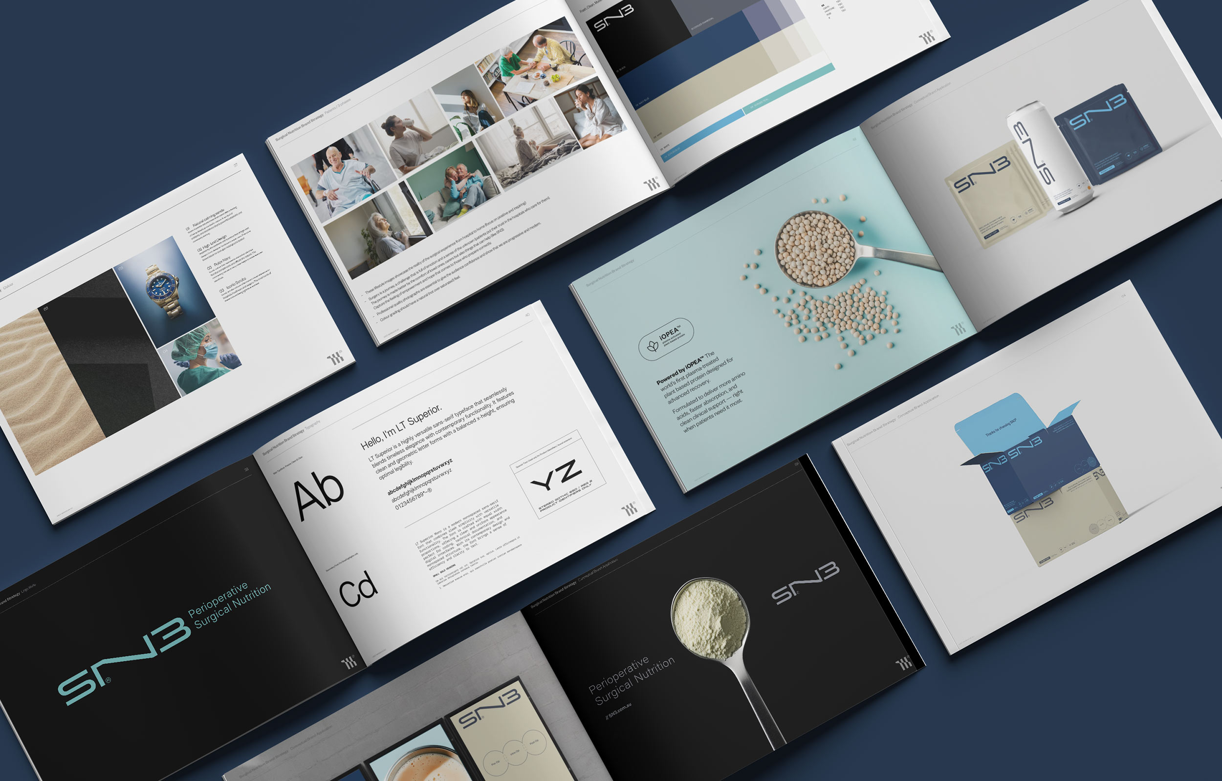 SN3 Surgical Nutrition Brand image.Open brand guideline booklets showcasing SNB Perioperative Surgical Nutrition logo, typography, packaging concepts, and product imagery including powders and tablets.