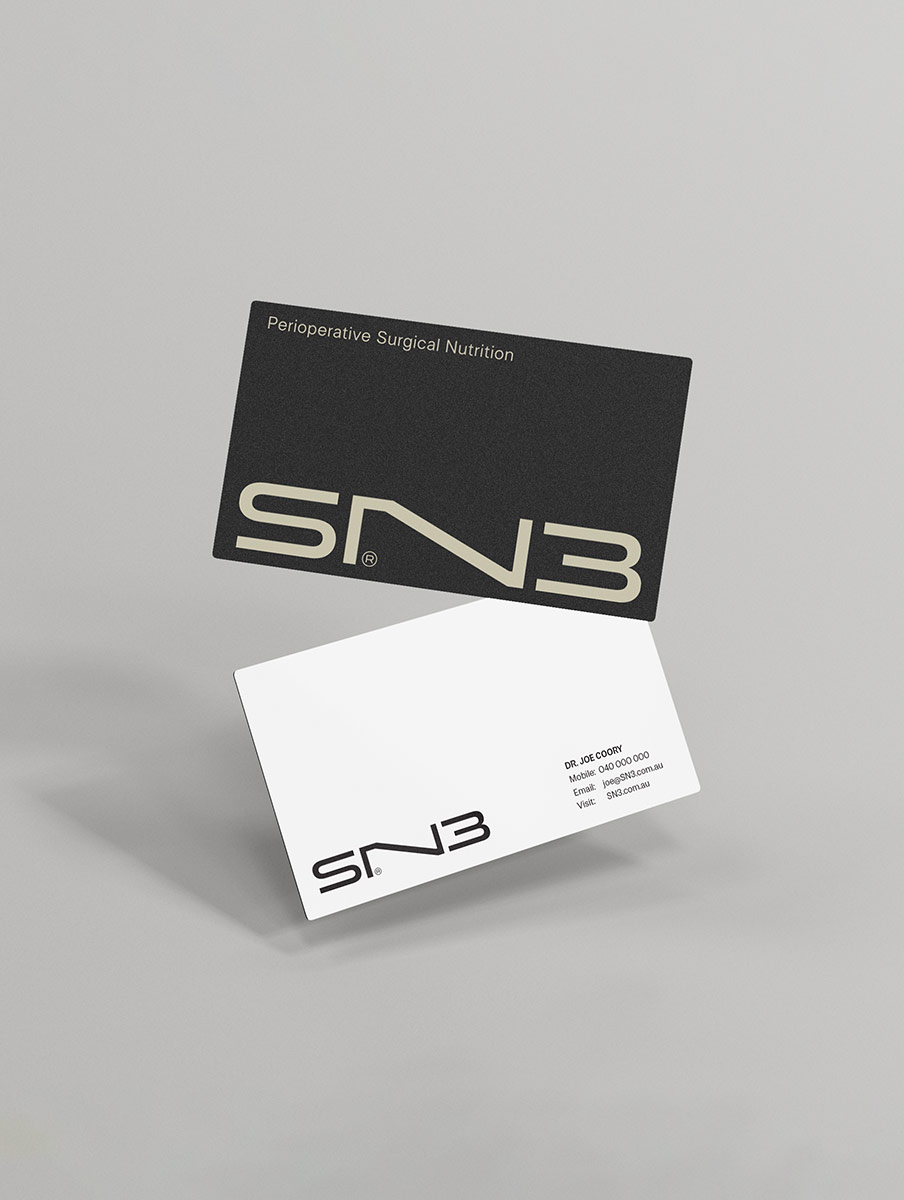 SN3 Surgical Nutrition Brand image.Two business cards for SN3: one black with beige text reading 'Perioperative Surgical Nutrition SN3' and one white with contact details for Dr. Joe Coory.