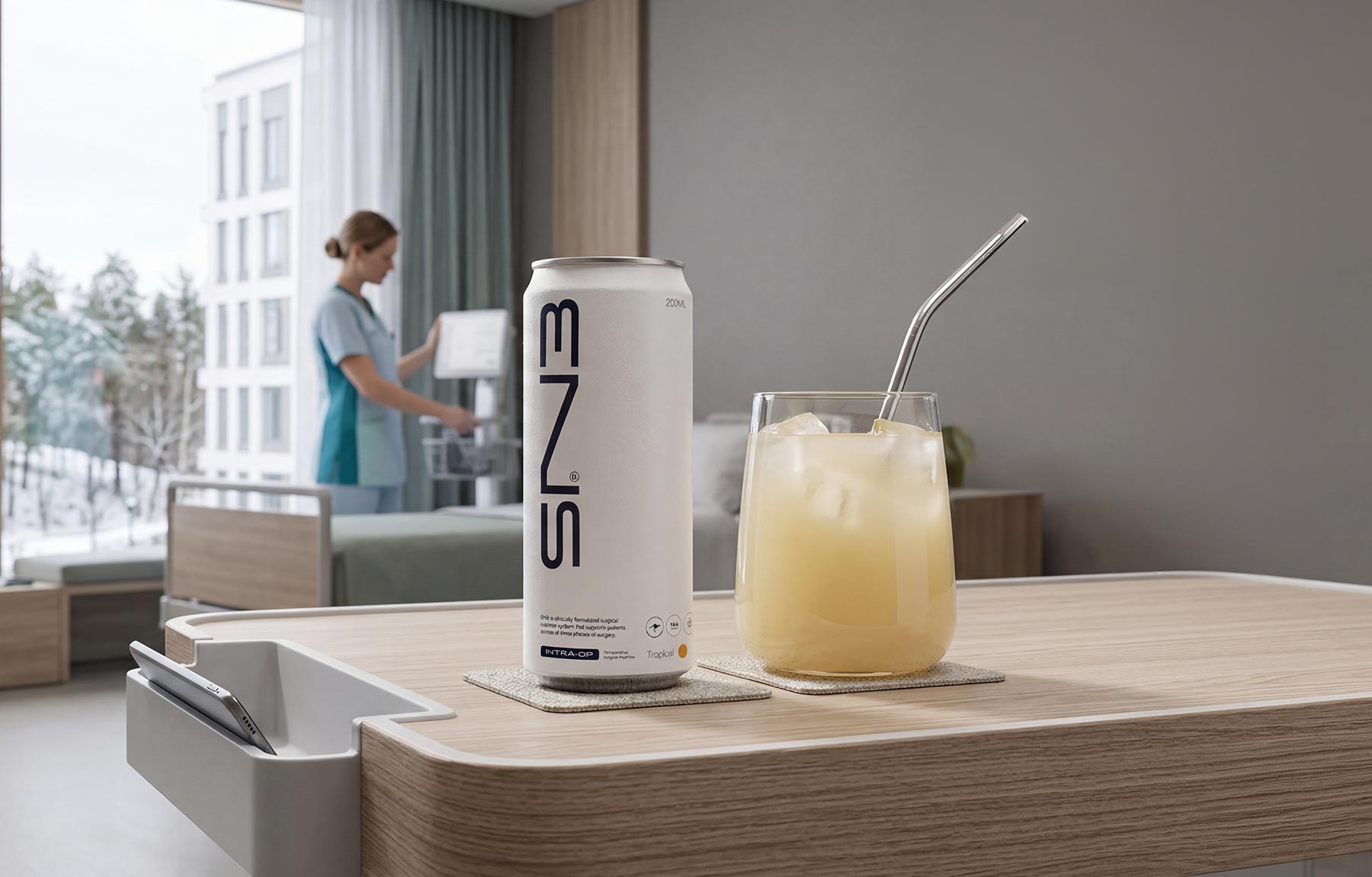 SN3 Surgical Nutrition Brand image.White can of SNZ3 drink and glass with iced beverage and metal straw on a wooden hospital bed table with nurse and hospital bed in the background.