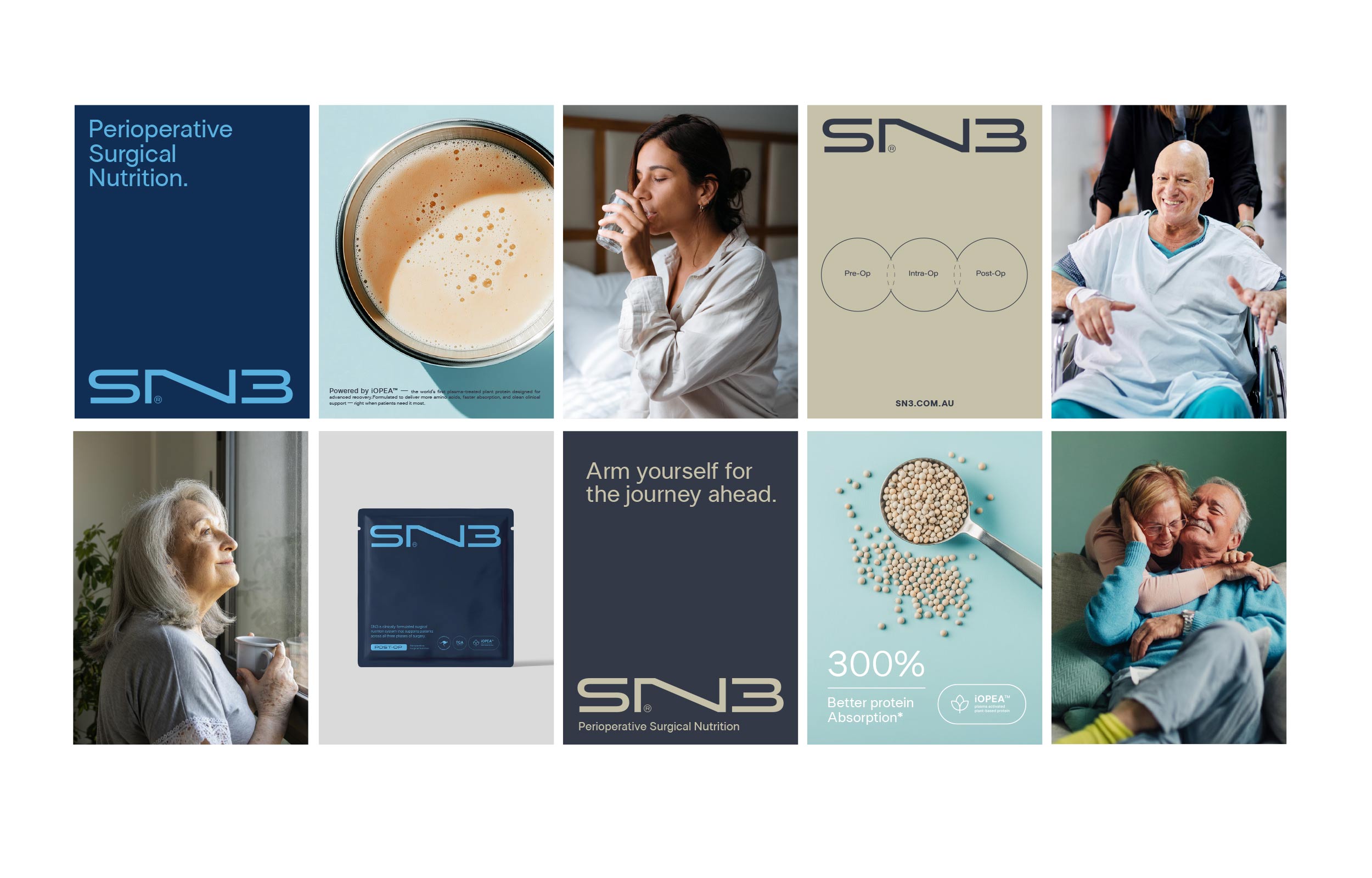 SN3 Surgical Nutrition Brand image.Collage promoting SN3 perioperative surgical nutrition with images of protein drink, healthy seniors, and product packaging highlighting 300% better protein absorption.