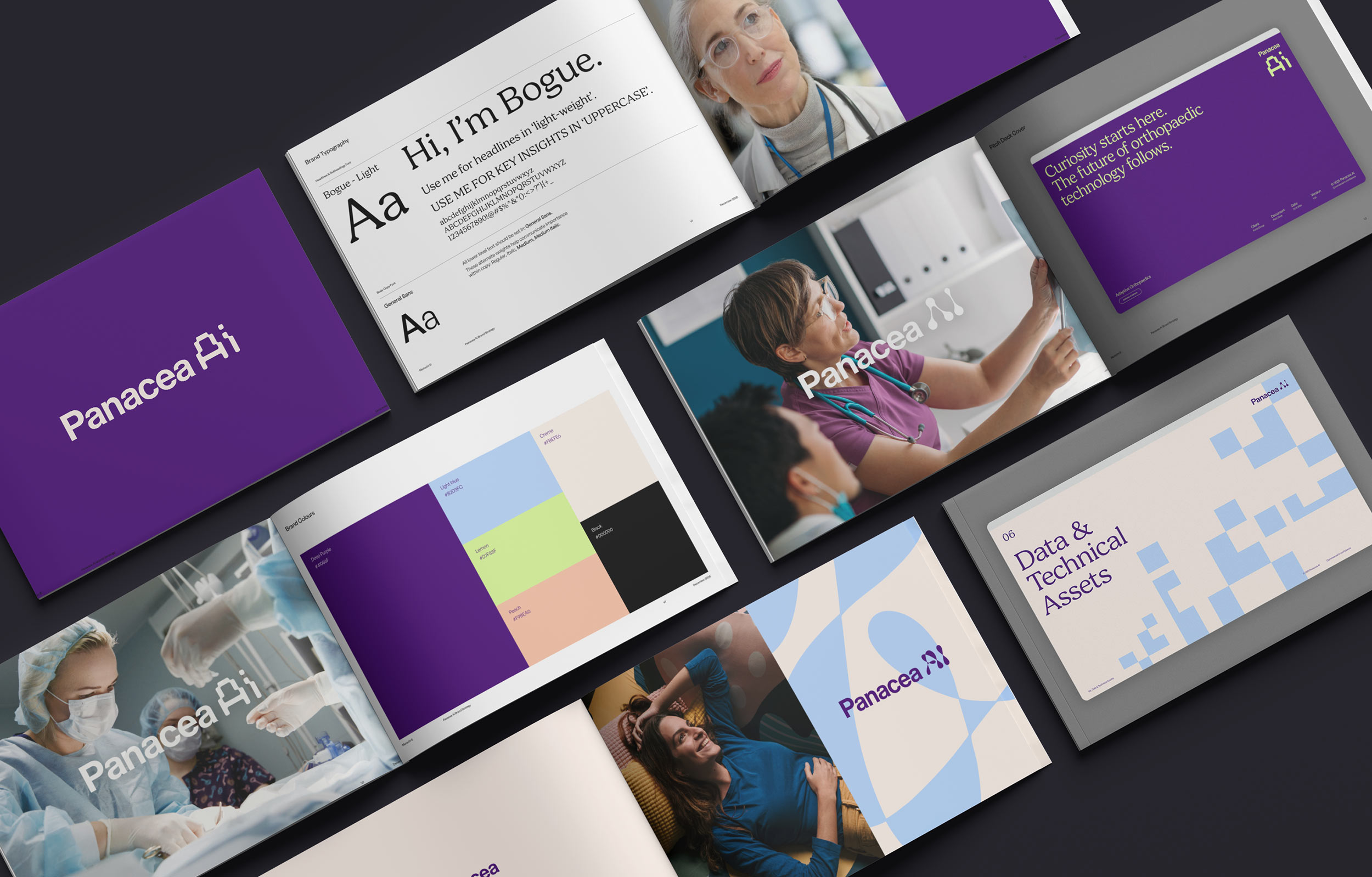 Panacea Ai Brand image. Open booklets and brochures showcasing the Panacea Ai brand identity, typography, colours, and medical-related images.