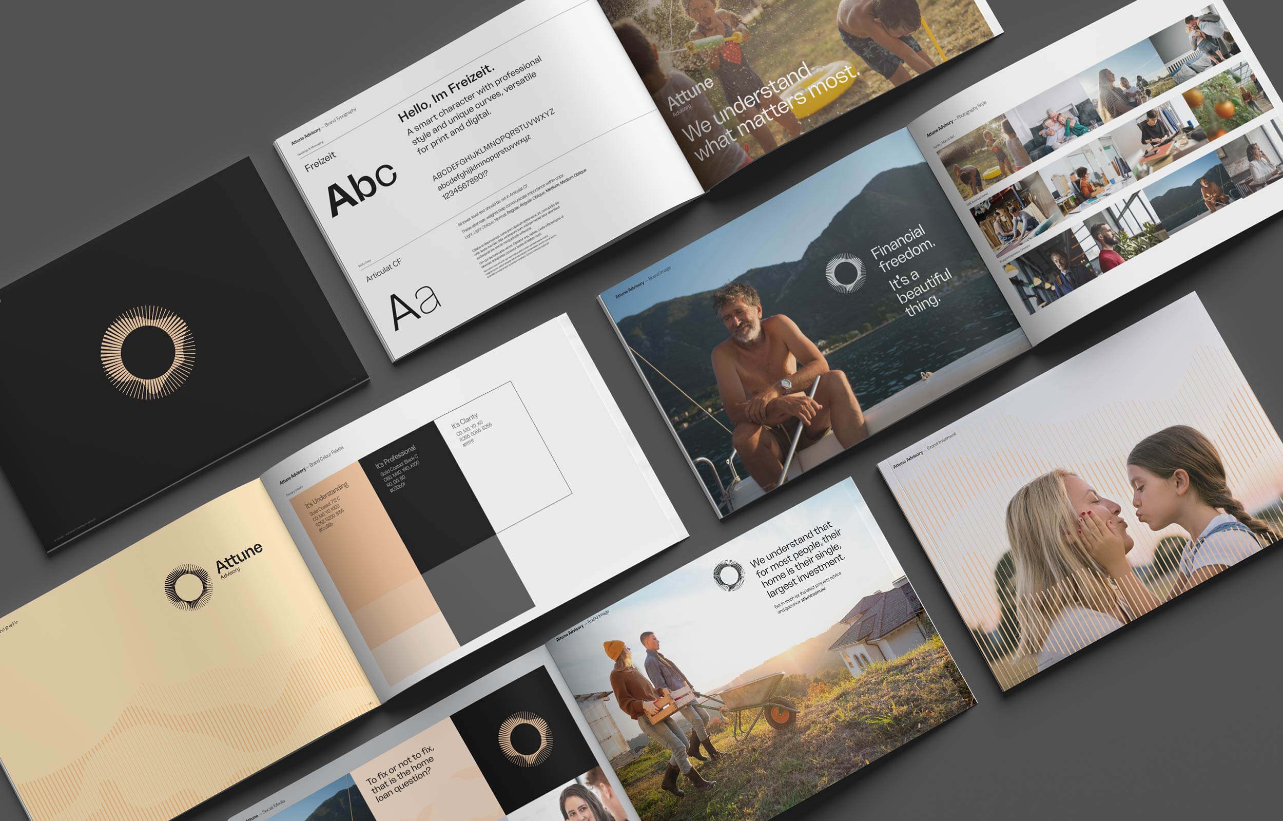 Attune Advisory Brand image. Open brochures and branding materials showing Attune Advisory's logo, typography, color palette, and lifestyle images focused on financial freedom, home investment, and family.