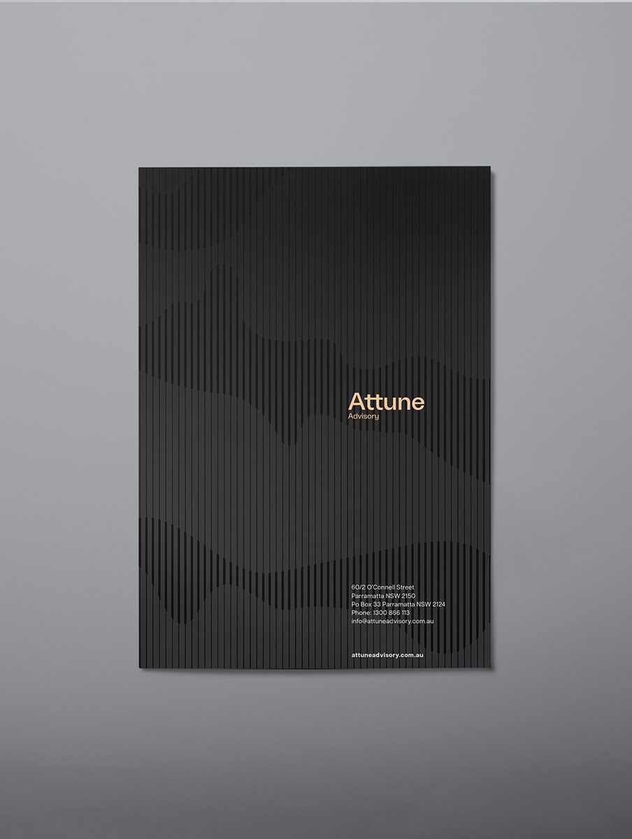Attune Advisory Brand image. Black brochure with vertical stripes and wavy pattern featuring the text 'Attune Advisory' and contact details in white and orange.