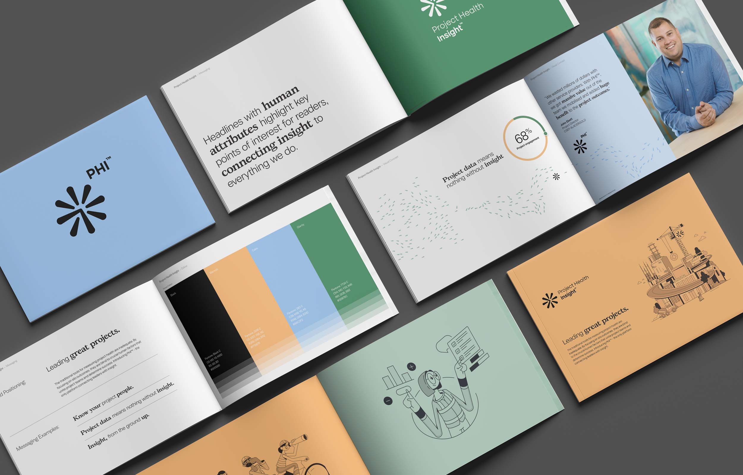 Project health Insight Brand image. Project Health Insight brand guideline booklets laid out, showing logo on blue cover, colour palette, text emphasizing human attributes and insight, project data charts, and illustrations.