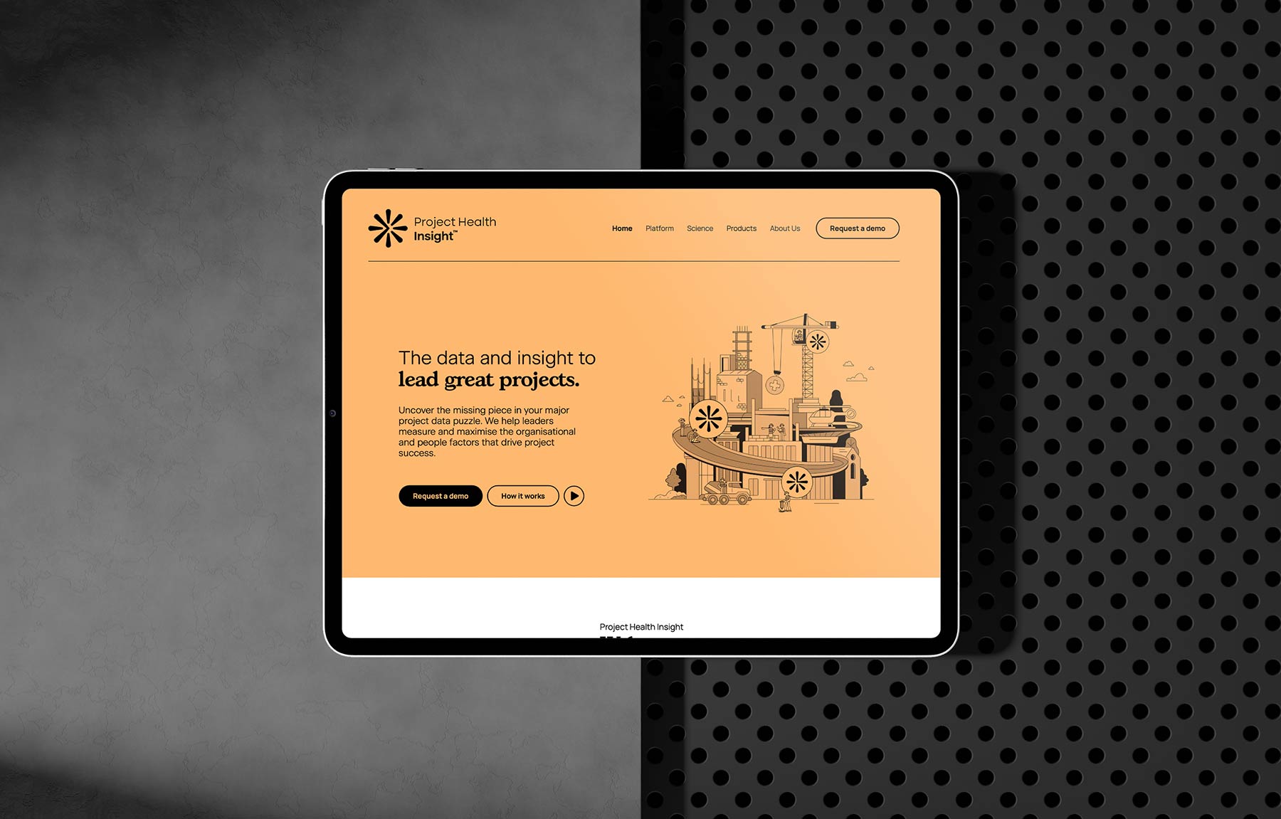 Project health Insight Brand image. Tablet displaying Project Health Insight homepage with an orange background and illustration of a construction site.