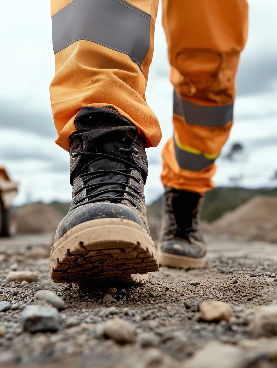 Project health Insight Brand image. Close-up of sturdy black work boots stepping on rocky ground, wearing orange high-visibility trousers.