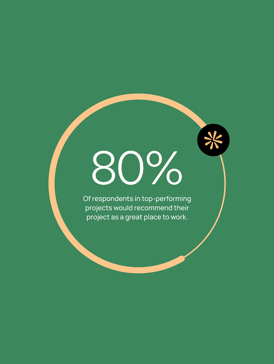 Project health Insight Brand image. 80% of respondents in top-performing projects would recommend their project as a great place to work, shown inside a circular progress bar on a green background.