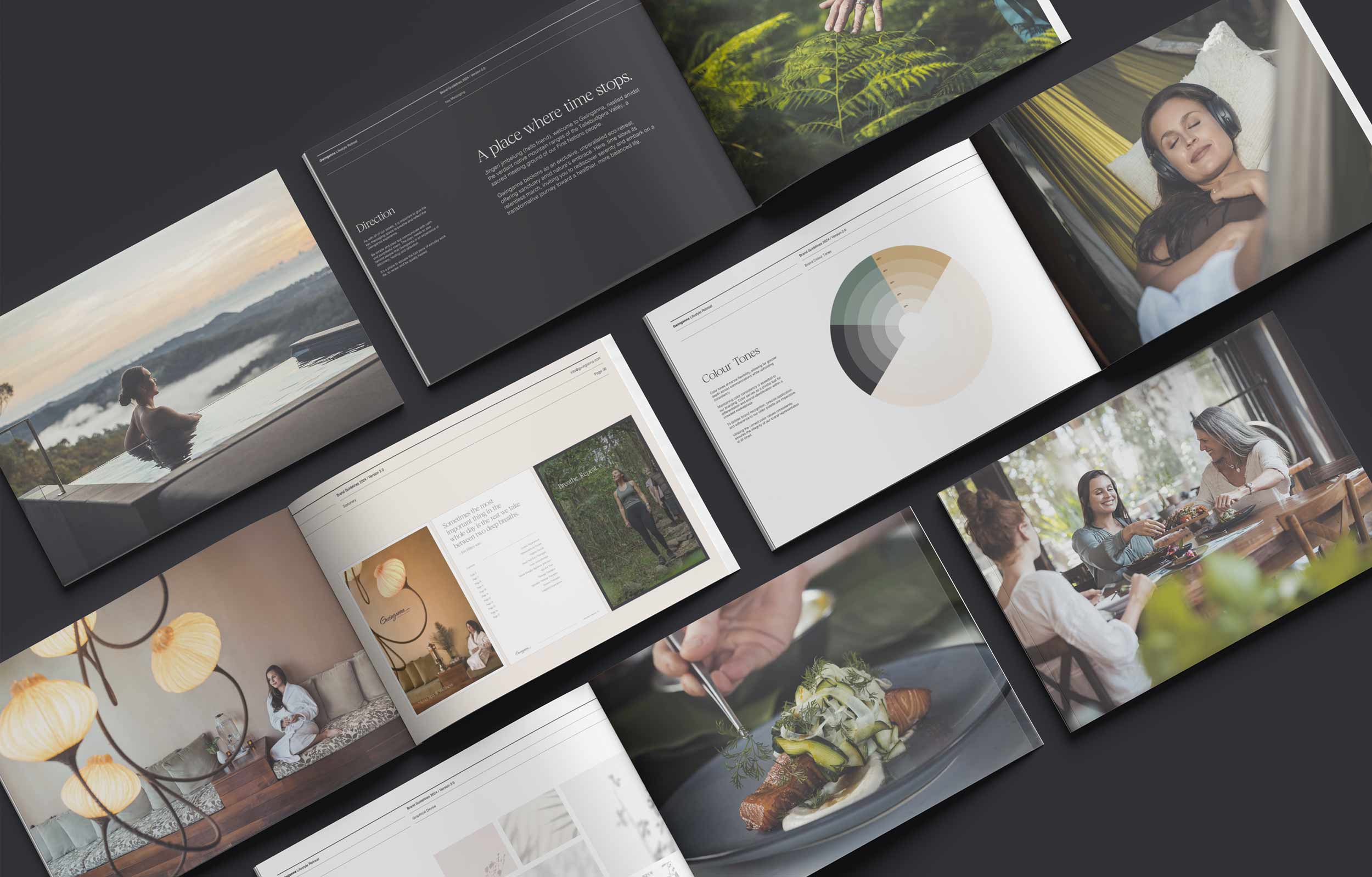 Gwinganna Brand image. Open brochures displaying images of relaxation, nature, food, and social dining scenes.
