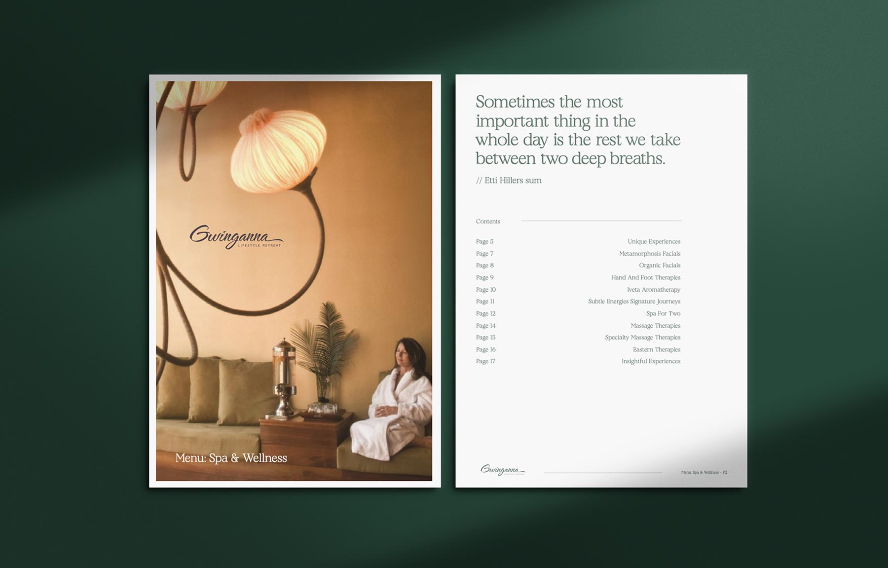Gwinganna Brand image. Two-page spa menu with a woman in a white robe sitting on a couch under hanging light fixtures on the left, and a quote with spa service listings on the right.