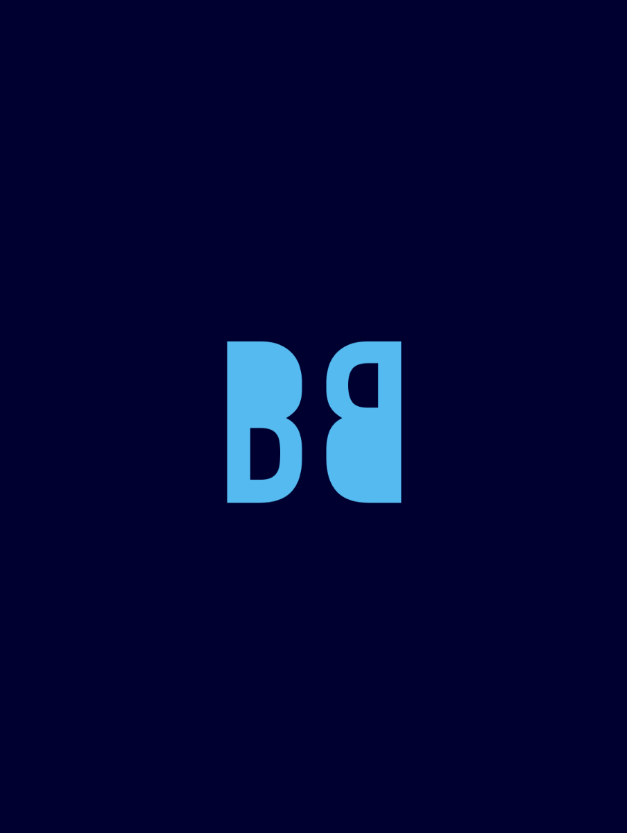 Burling Brown Brand image. Blue mirrored B letters on a dark blue background.