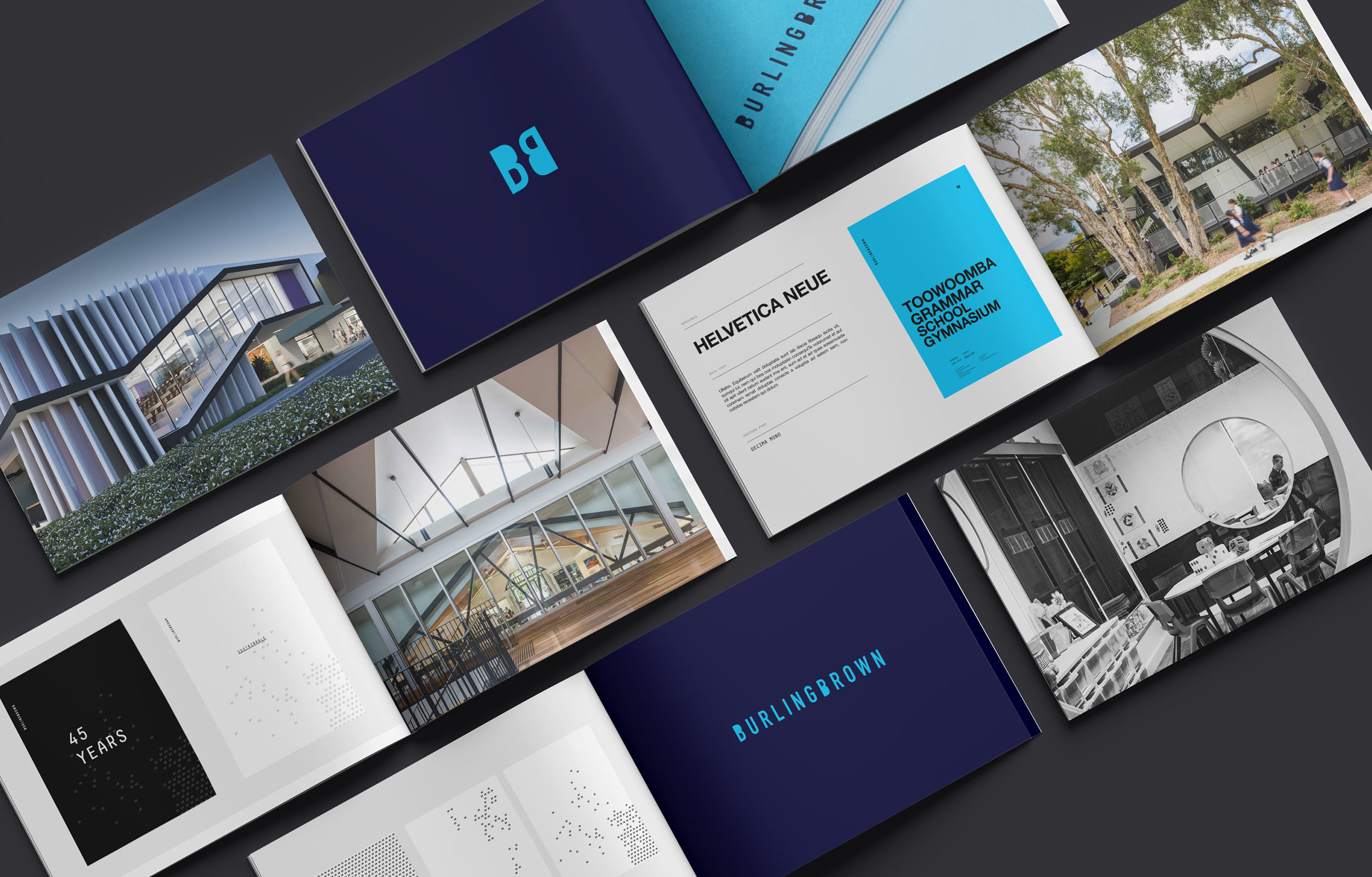 Burling Brown Brand. Open brochures and booklets showcasing modern architectural photos and graphic design layouts for Burling Brown projects.