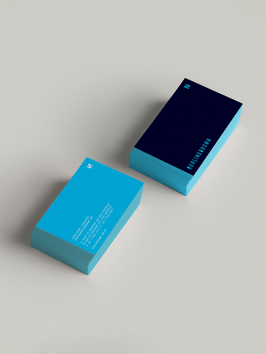 Burling Brown Brand image. Two stacks of modern business cards, one bright blue with white contact details, the other dark blue with vertical 'BURLINGBROWN' text and a small logo.
