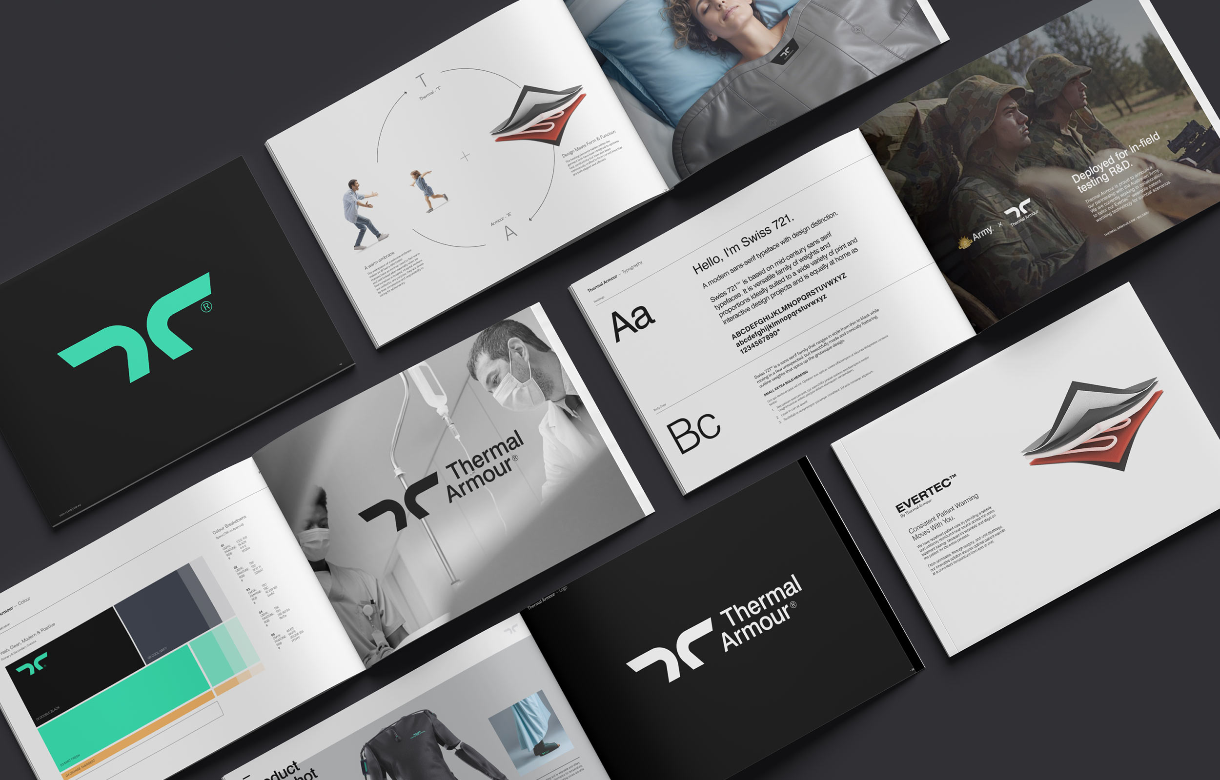 Thermal Armour Brand. Open booklets displaying branding materials for Thermal Armour, including logos, typography, colors, product images, and soldiers in field testing.
