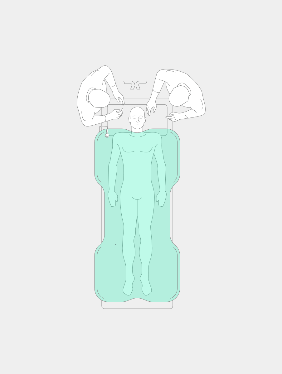 Thermal Armour Brand illustration. Top-down illustration of a person lying on a medical scanner bed with two technicians operating the machine.