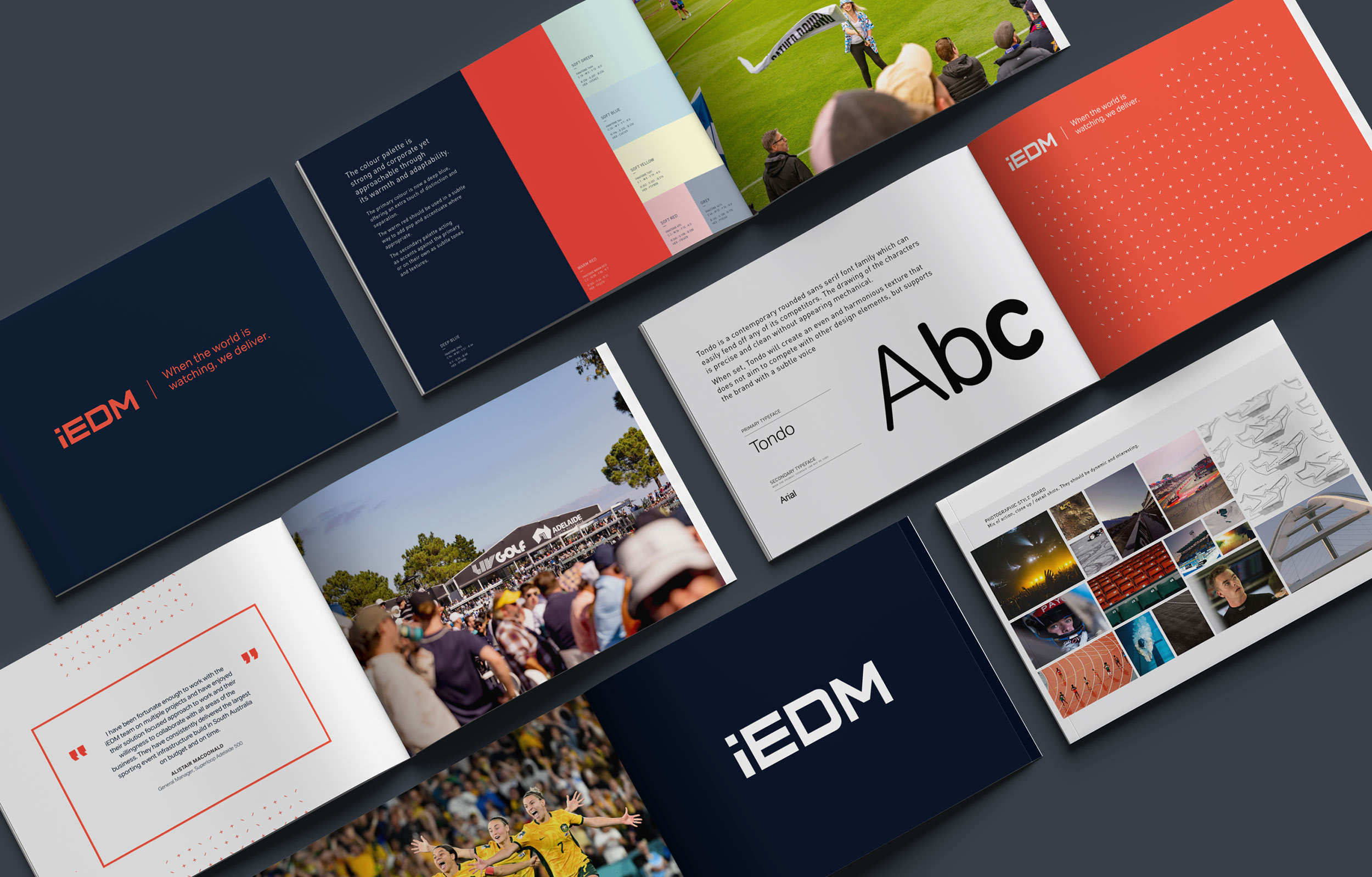 IEDM Brand. Open brochures and booklets showcasing iEDM brand design with logos, colour palettes, typography, photos of events and people, and a testimonial quote.