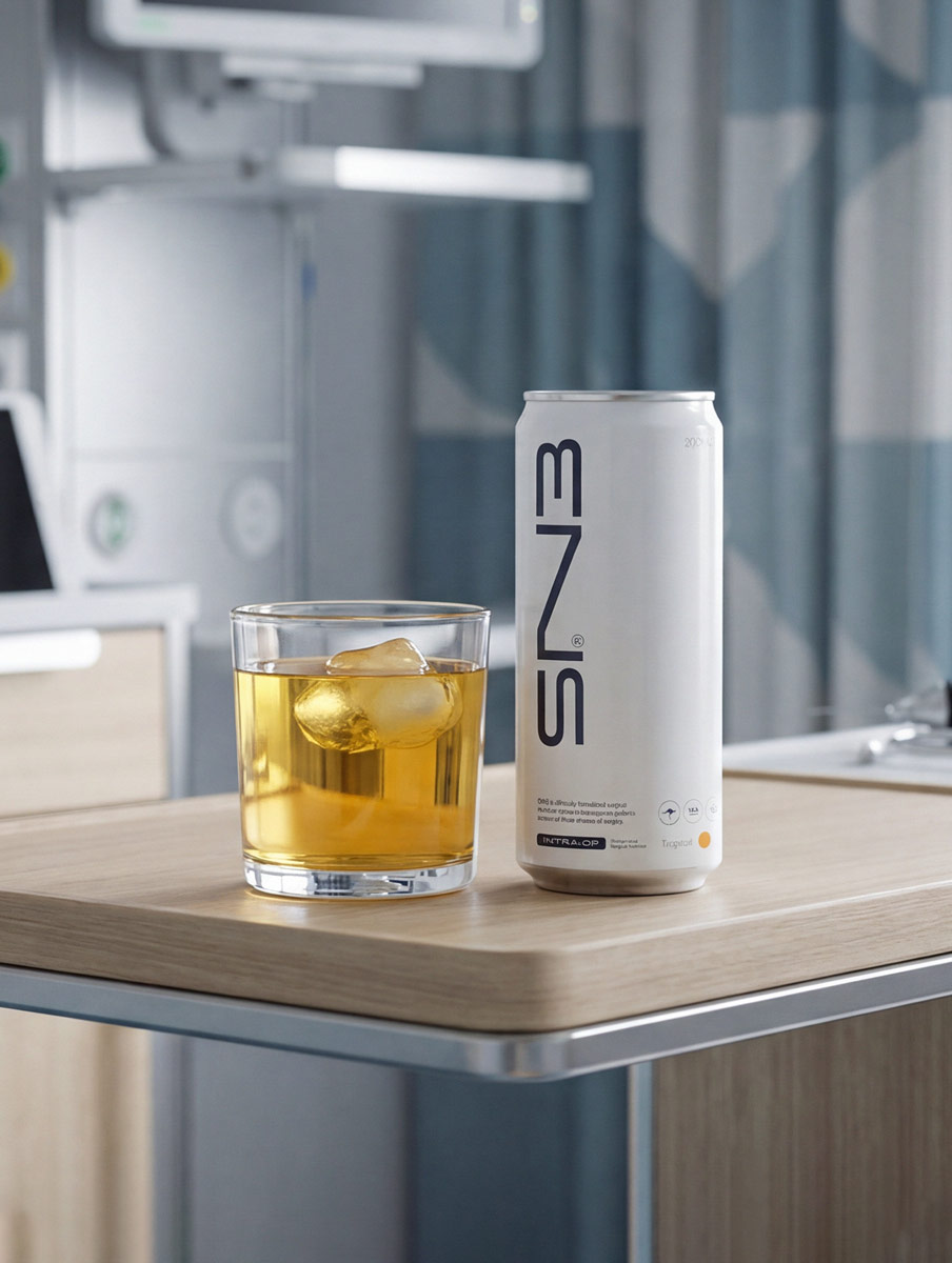 Can of SN3 beverage next to a glass with golden liquid and ice cubes on a wooden table in a modern room.