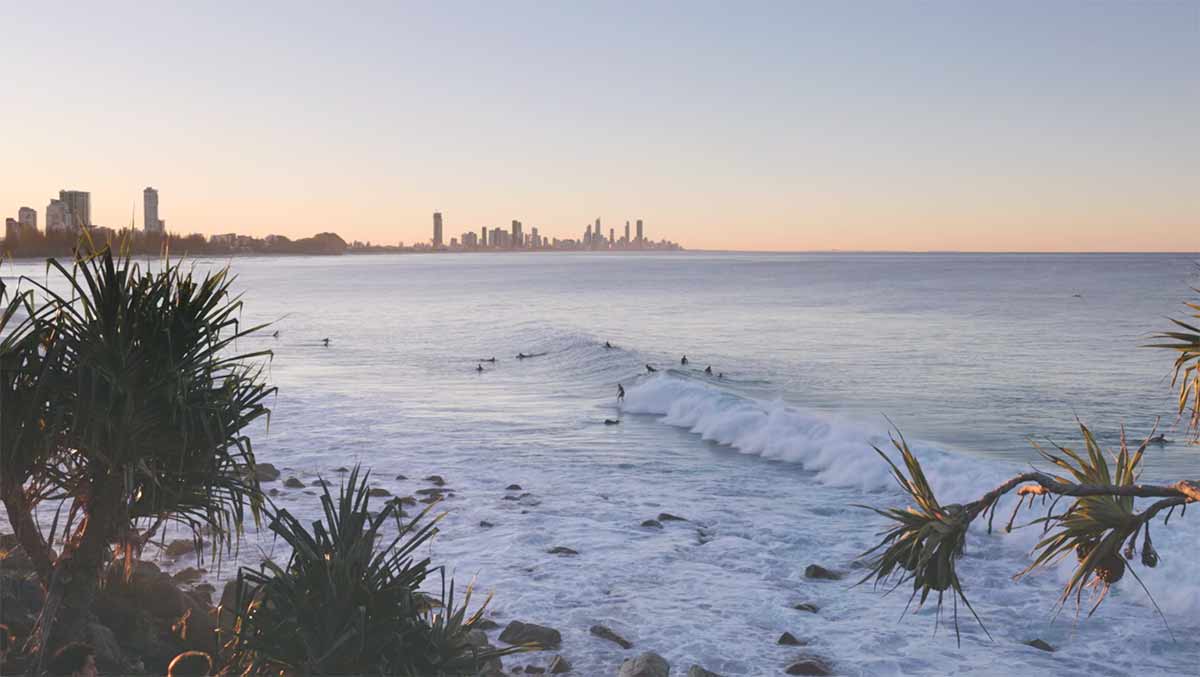 Mariachi Gold Coast Creative Studio brand image. Surfers riding waves at sunrise with a city skyline in the distance and coastal vegetation in the foreground.