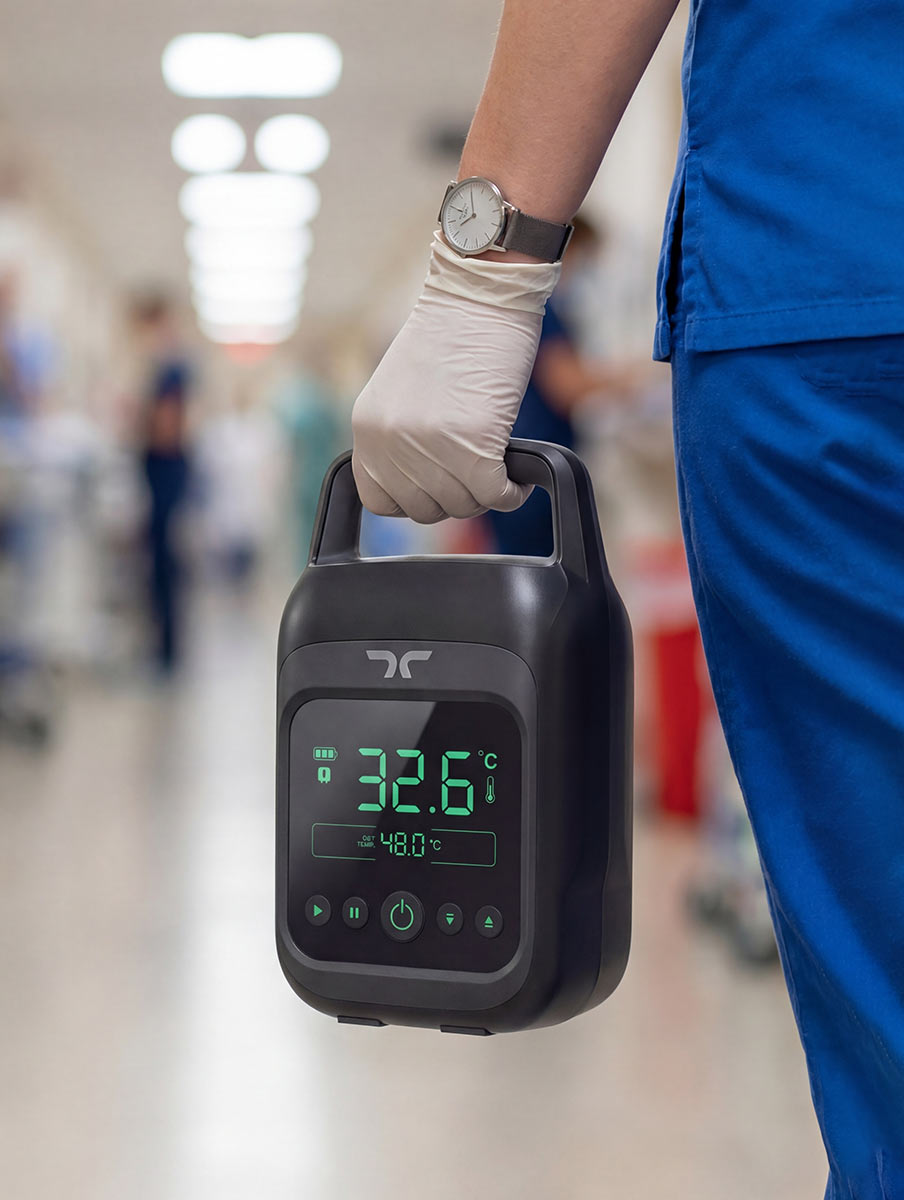 Thermal Armour brand image. Person in blue scrubs and white glove holding a black medical device showing temperature readings in a hospital corridor.