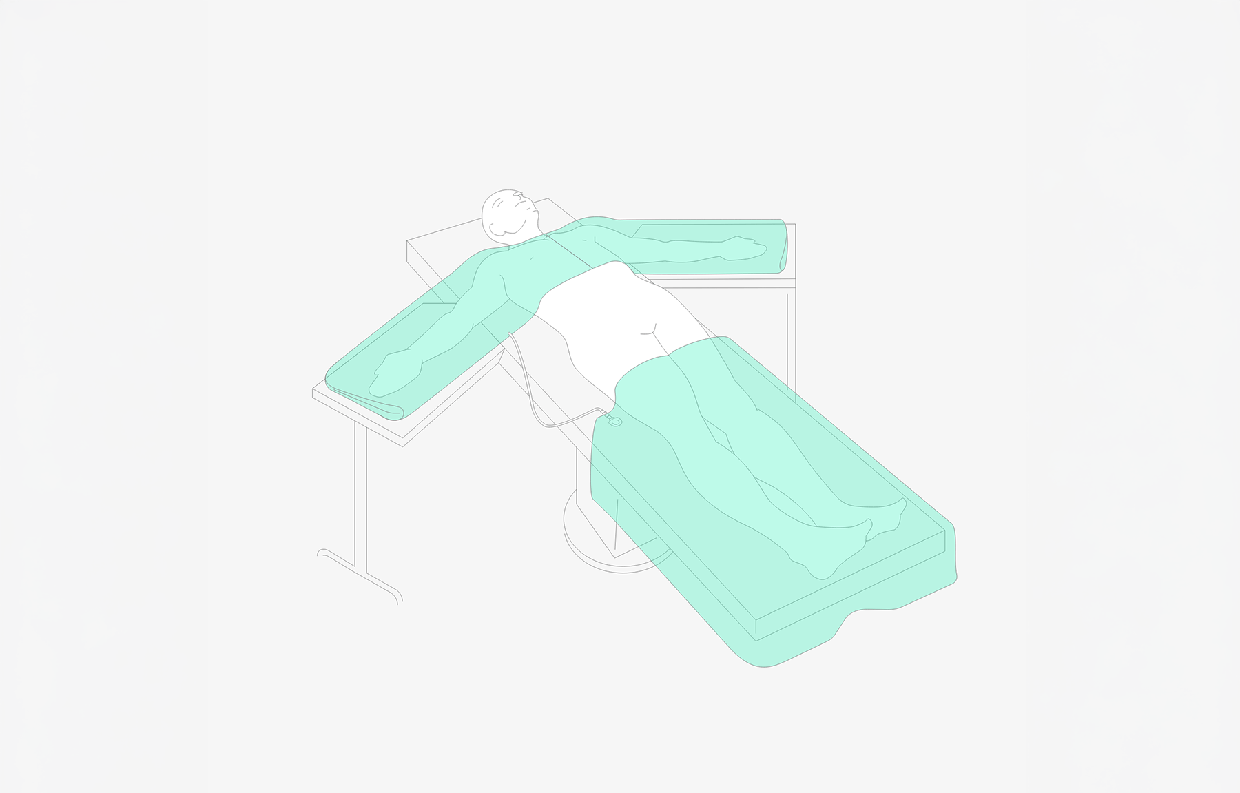 Thermal Armour brand image. Illustration of a person lying on a medical table with arms extended and wrapped in protective padding.