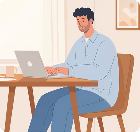 Illustration of a man sitting at a wooden table working on a laptop with a mug nearby in a bright room.