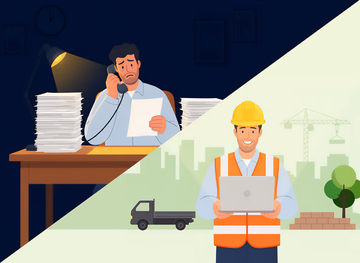 Split image showing a stressed man surrounded by piles of paper on the left and a happy construction worker holding a laptop on the right.