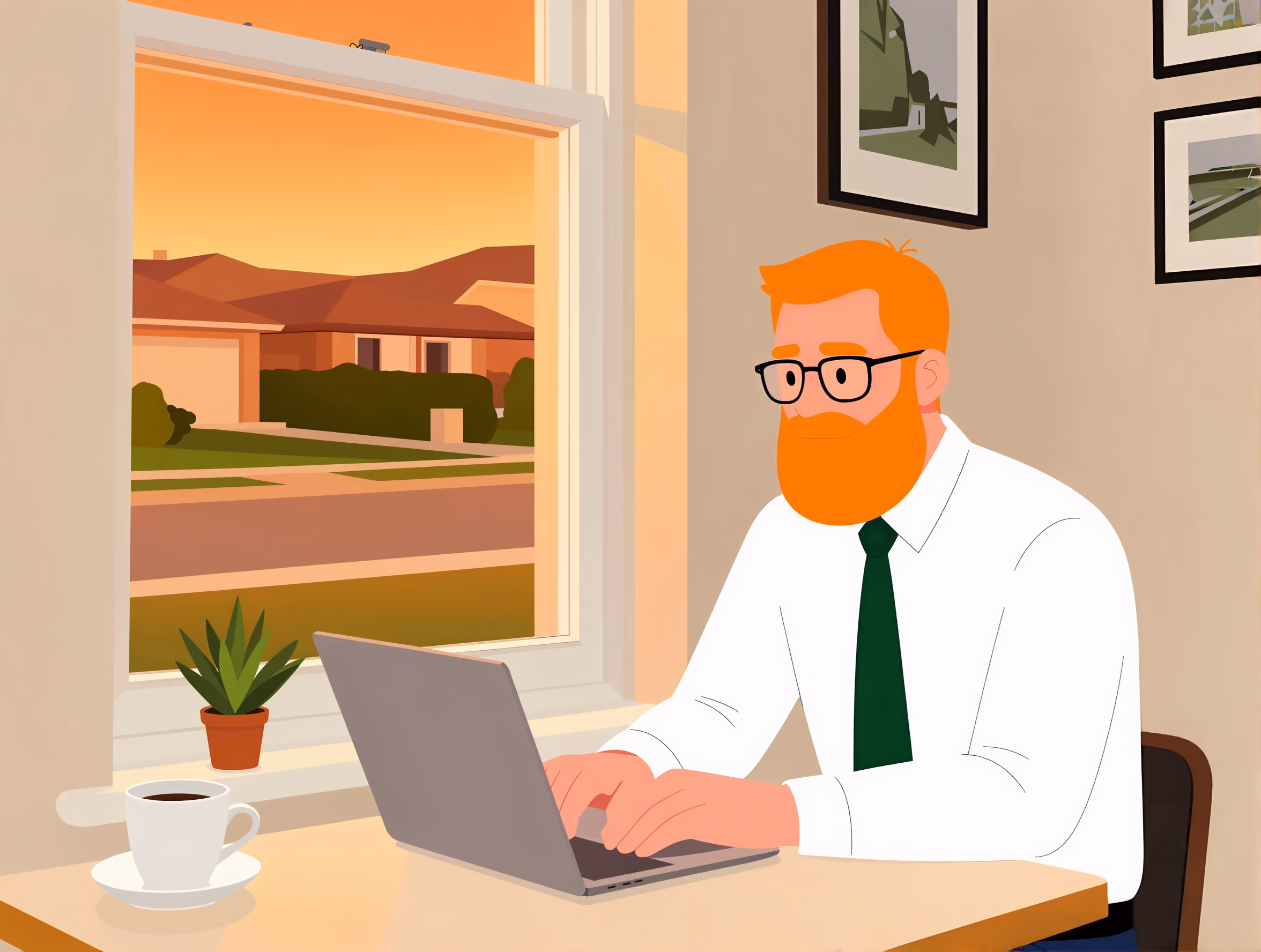 Illustration of a man with orange hair and beard wearing glasses, white shirt, and green tie, typing on a laptop at a table by a window with a potted plant and coffee cup nearby.