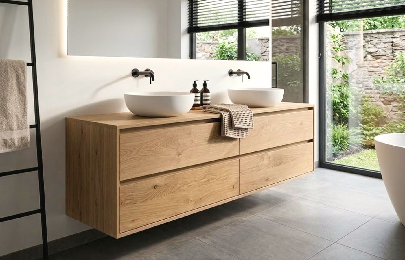 Maßgefertigter Doppelwaschtisch aus Massiveiche, schwebend mit Aufsatzwaschbecken – Möbel nach Maß, Schreinerei Hergert Mannheim