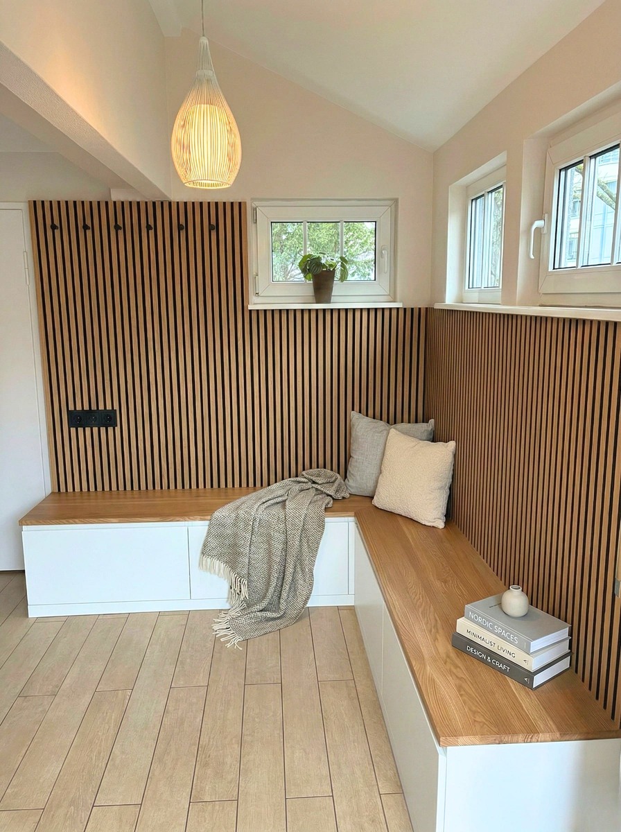 Maßgefertigte Eckbank mit Eichendeckplatte und Holzlattenverkleidung – Schreinerei Hergert Mannheim