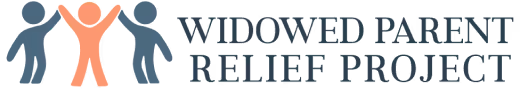 Logo with three stylized human figures, the center one in orange with raised arms and two blue figures on each side, next to the text 'Widowed Parent Relief Project'.