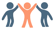 Three stylized human figures holding hands, the center one in orange and the two outer ones in blue, symbolizing unity and teamwork.