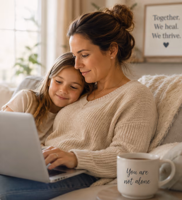 A woman and a young girl sitting closely on a couch, both looking at a laptop screen with gentle smiles; a white mug on the table nearby reads 'You are not alone', and a framed sign on the wall says 'Together. We heal. We thrive.'